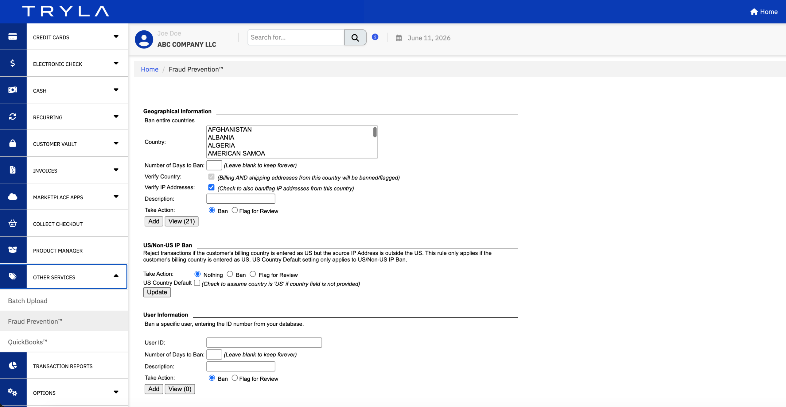 Tryla fraud prevention dashboard