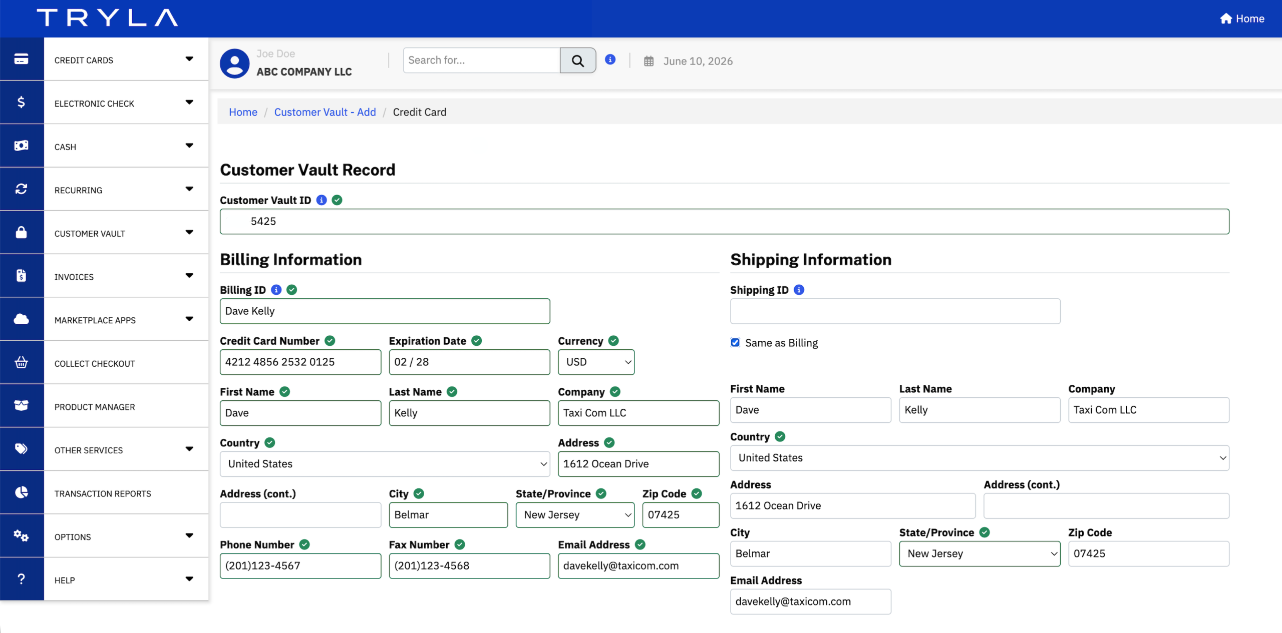 Tryla Customer Vault dashboard