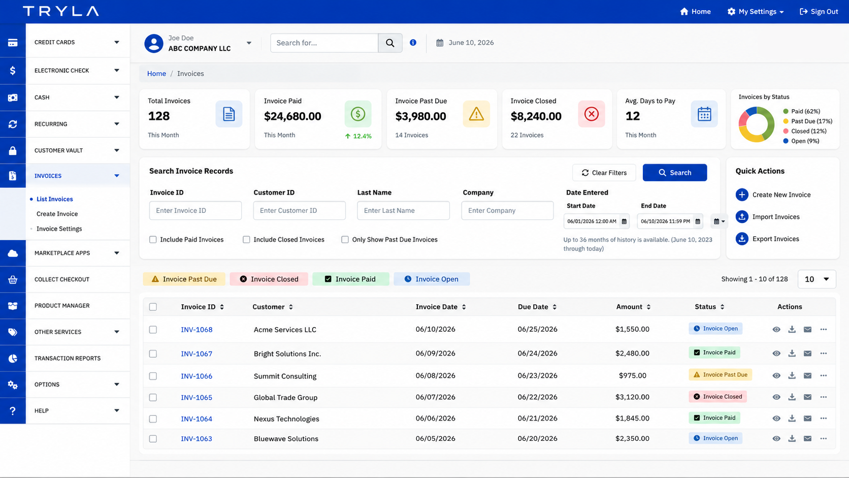 Tryla invoicing dashboard