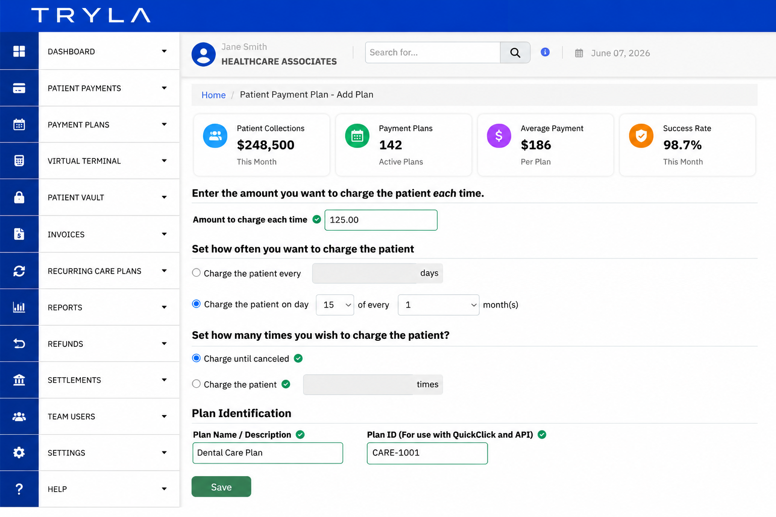 Tryla healthcare billing dashboard